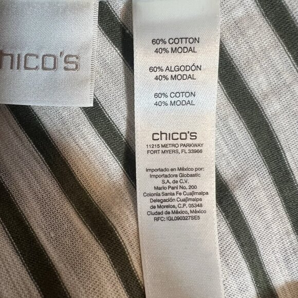 CHICOS 2 Top Size Large Striped Stretch Tunic Green White Long Sleeve Cotton - Picture 4 of 9